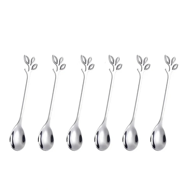 6PCS Creative Personality Stainless Steel Gold Spoons Tree Leaf Spoon Coffee Spoon Tea Spoon Home Restaurant Dessert Cutlery Set