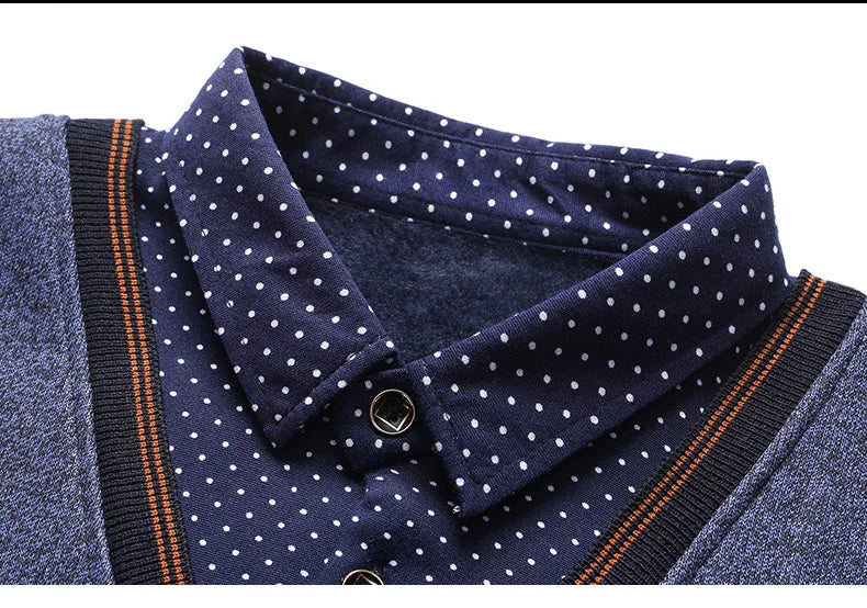 Men's Plush Sweater Autumn Winter Fake Two Piece Pullover Polo Shirt Collar Fleece Thick Warm Top Clothes Casual Jumpers