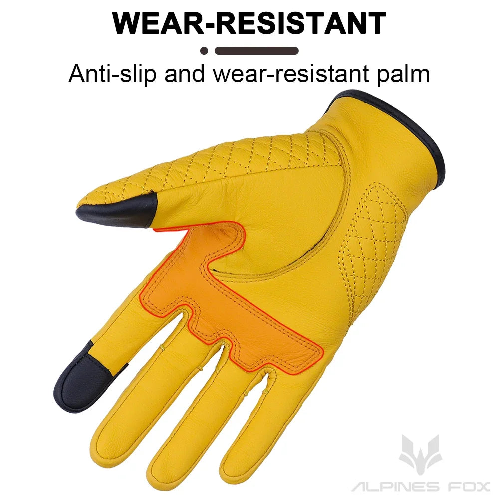 Vintage Leather Motorcycle Gloves Men Women Wear-resistant Motobike Guantes Touchscreen Anti-slip Retro Motobiker Luvas Yellow
