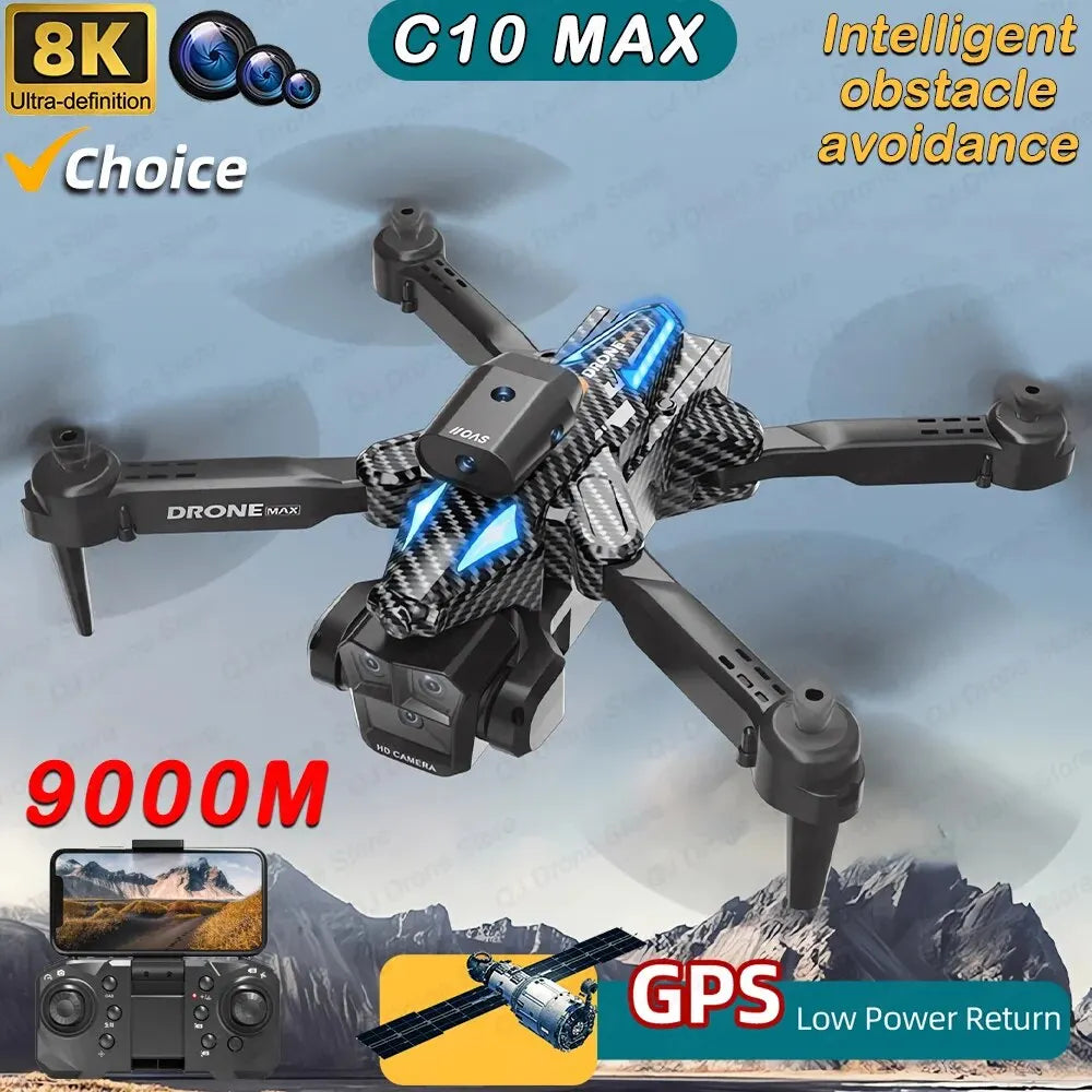 New C10 Drone GPS 8K HD Three Cameras Optical Flow Obstacle Avoidance Aerial Photography RC Foldable Quadcopter Toys Gifts
