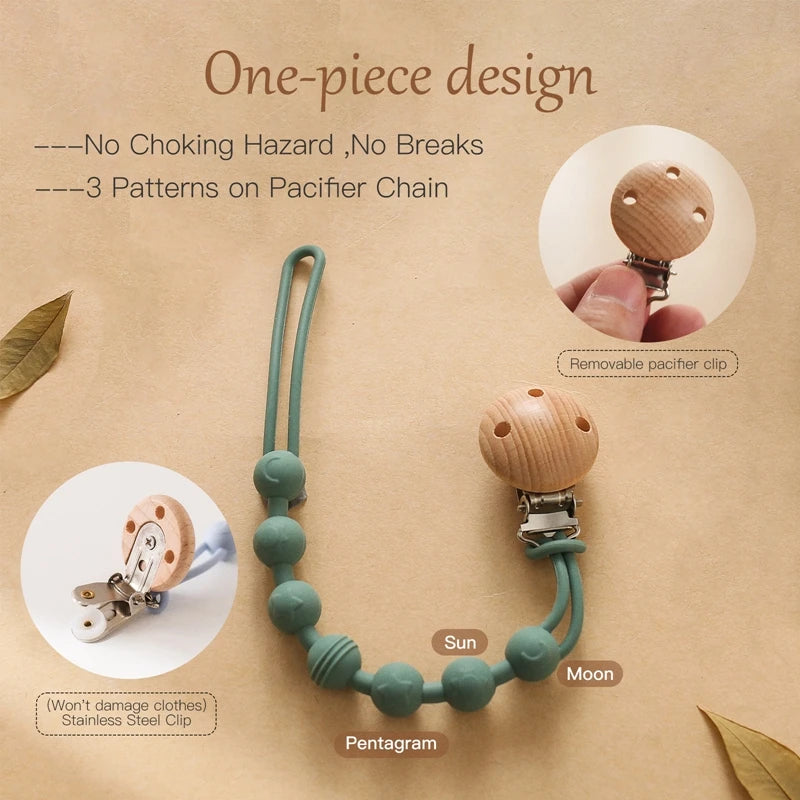 Beech Wood Chew Bead Pacifier Clips Dummy Chain Holder Newborn Soother Chains Nipple Holder For Babies Teething Toy Baby Chew