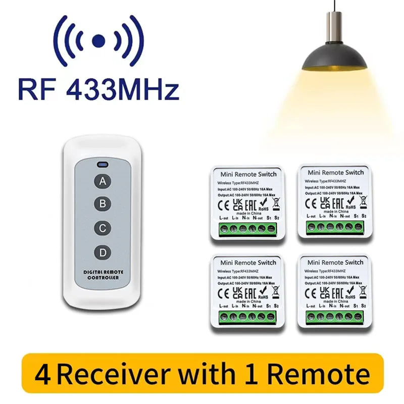 Smart Wireless Switch 433Mhz 16A 4Key RF Switch Module Remote Control AC 100V-240V Mini Relay Receiver Light Fan Garage Door