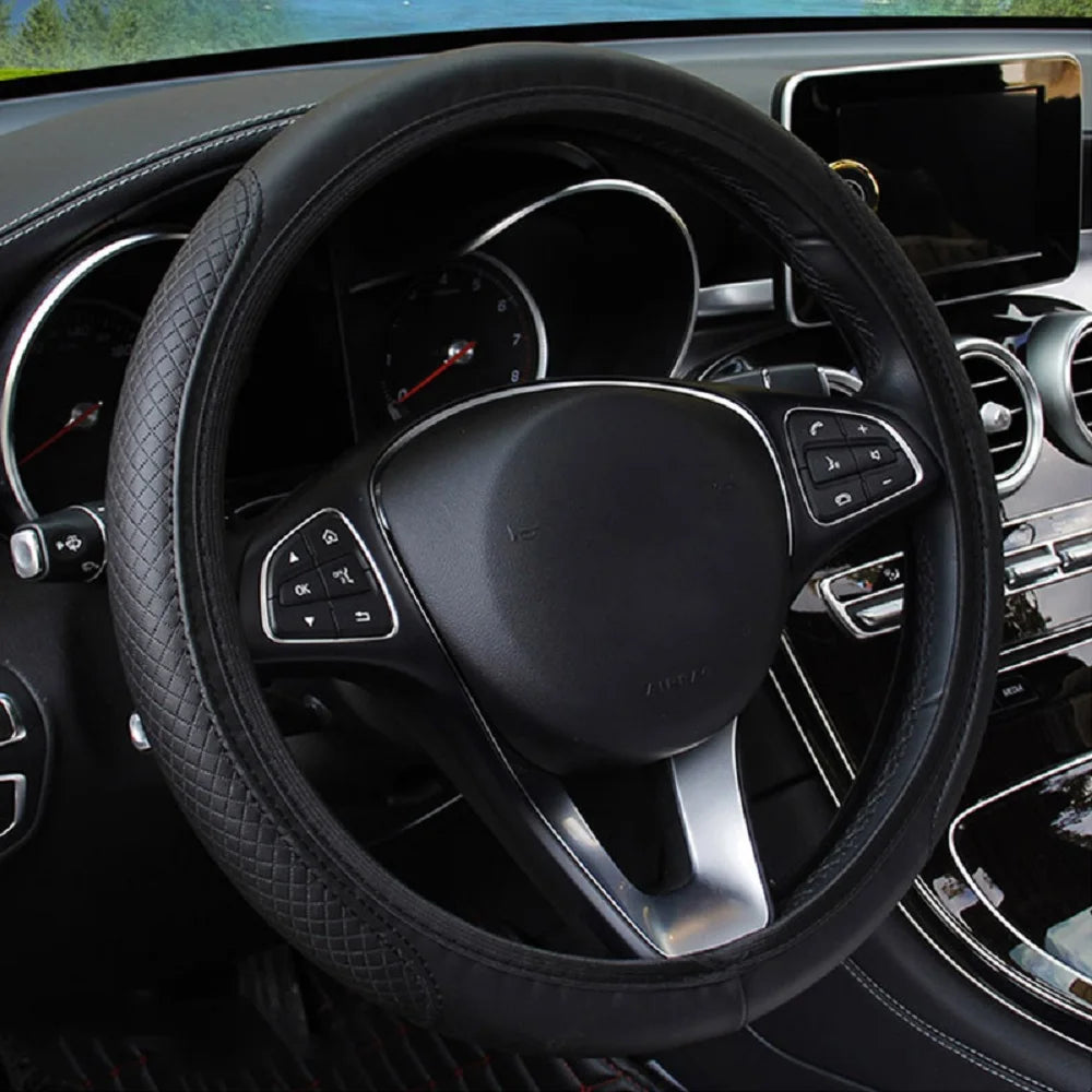 Black automobile steering wheel cover, dynamic fiber leather, double round elastic, no inner ring, elastic belt handle cover