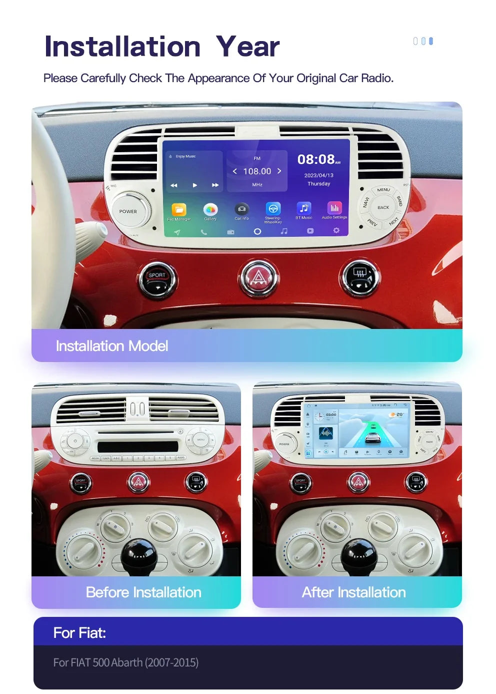 Junuse 7" Wireless Android Auto Carplay For Fiat 500 2007~2015 Android 13 Carplay GPS Navigation Multimedia Player White Black