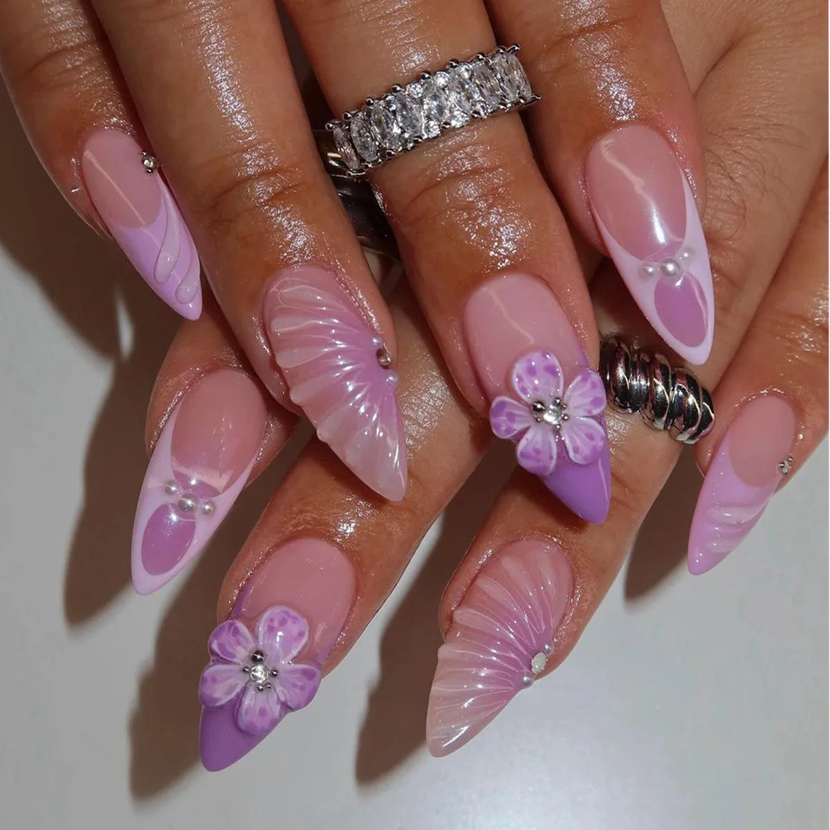 24PCS 3D Sweet Pink Flower Almond Press on False Nails with Yellow French Diamonds Fake Nails Artificial Wearable Tips with Glue
