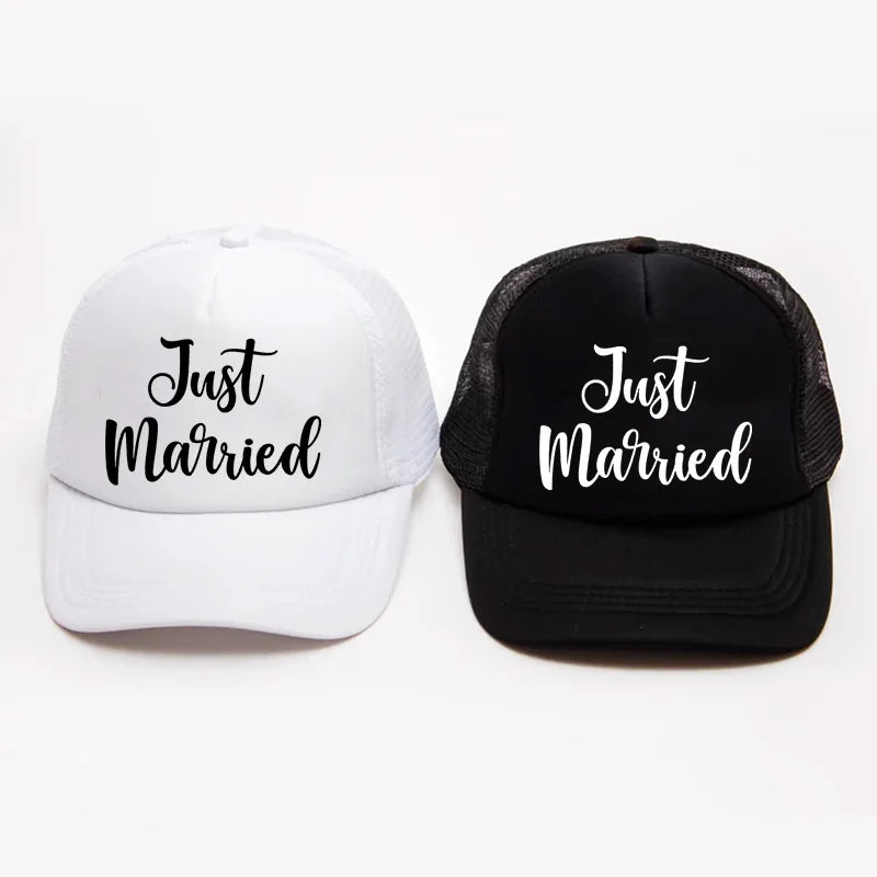 Just Married white black Trucker hat Honeymoon beach destination wedding Groom bride Mr Mrs Newlywed couples gift Photo props