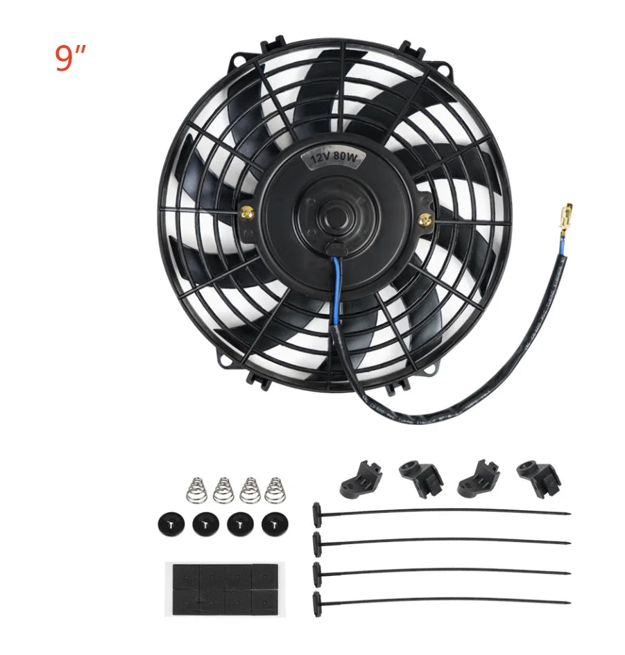 Universal 7/9/10/12/14/16 Inch 12V 80W 2100RPM Car Air Conditioning Cooling Fan Blade Cool Mounting Kit CF-1001 Black CF-1001
