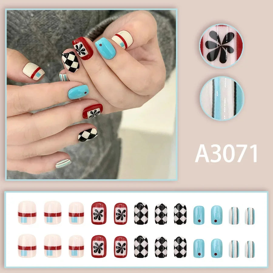 Watercolor Rose Fake Nail with Jelly sticker Press on False Nails Wearable Round Head Oval Full Cover Nail Tips