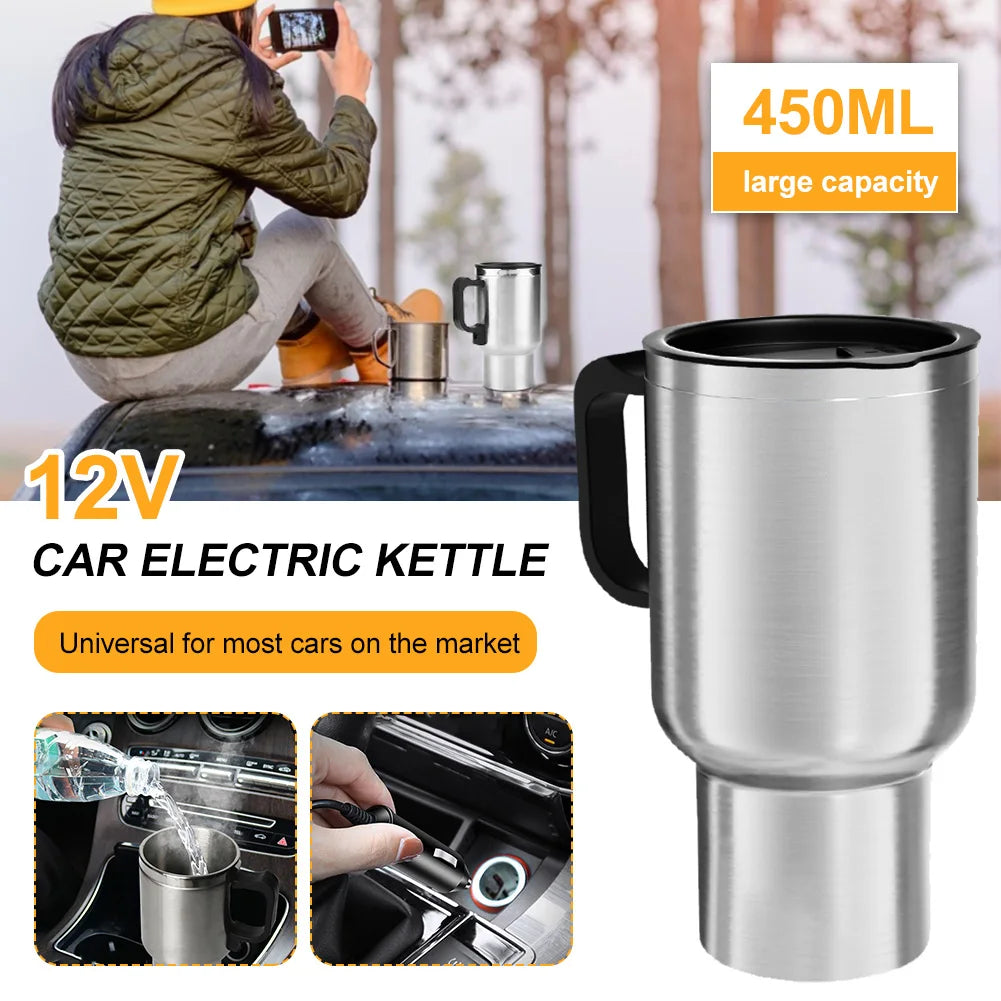 DC 12V Car Electric Kettle 450ml Car Heating Cup Stainless Steel Travel Coffee Mug Double Layer Vacuum Insulation Travel Kettle