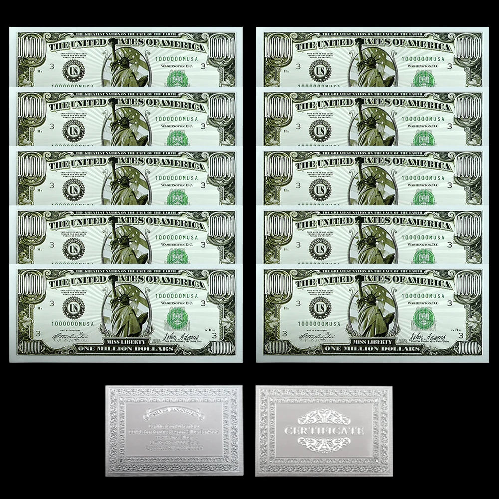10pcs US Statue of Liberty Silver Banknotes One Million Dollars Bills Commemorative Bank Notes Home Decor Crafts