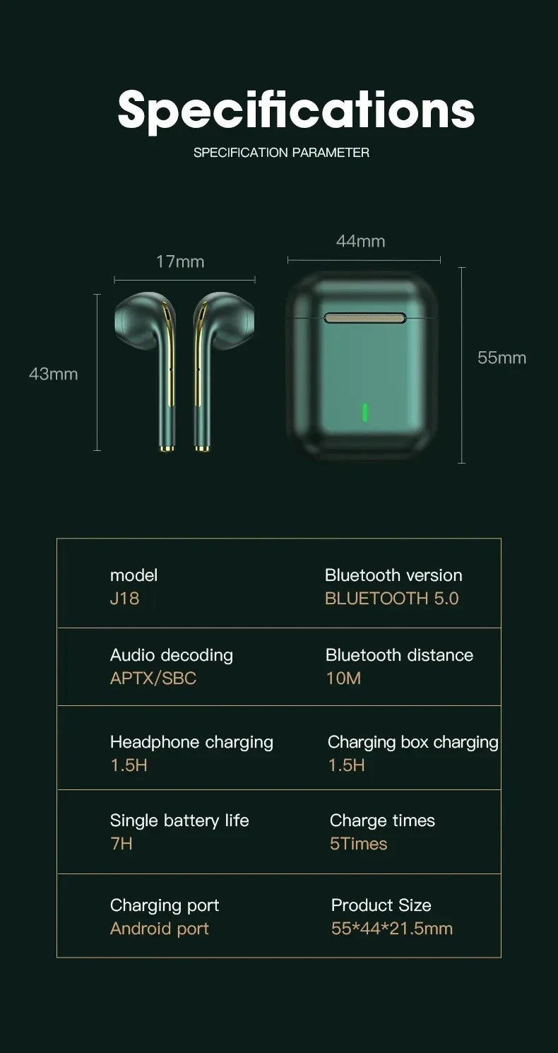 J18 wireless earphones, Bluetooth earphones, 9D noise cancelling gaming earphones with microphone, outdoor sports earphones