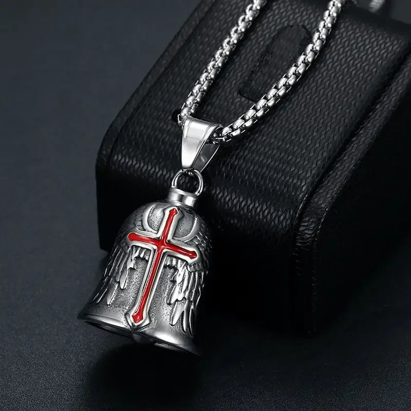 Biker Bell Carved Red Cross Wings Pendant Motorcycle Riding Bell Necklace Personality Men\'s Lucky Amulet Jewelry Wholesale