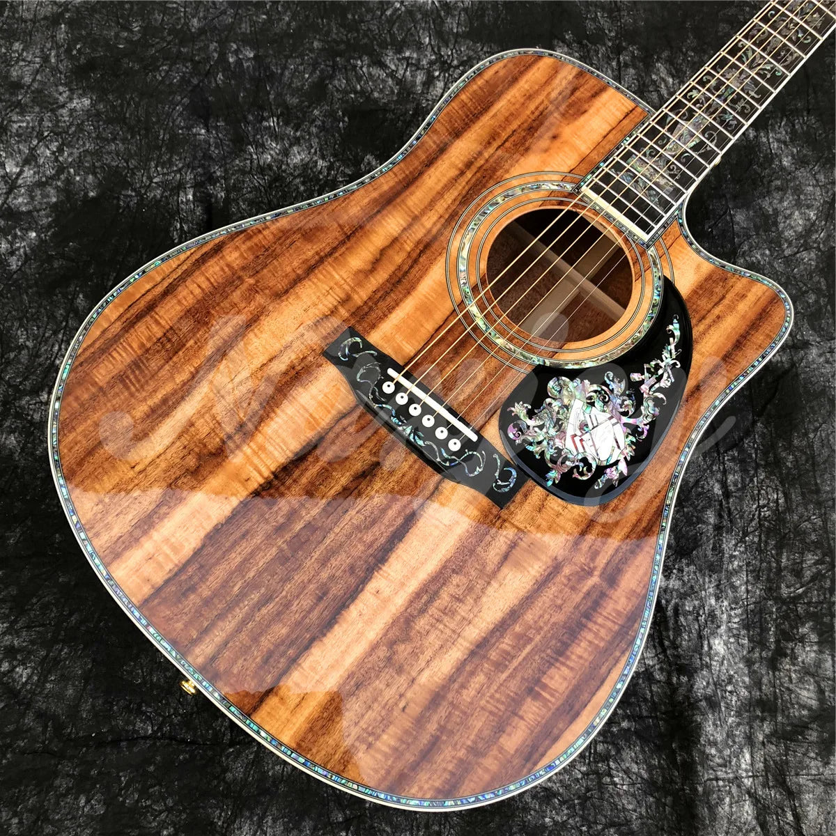 Solid Wood All Koa Acoustic Guitar 41 Inches D Type Cutaway Body Real Abalone Flowers Ebony Fingerboard Guitar