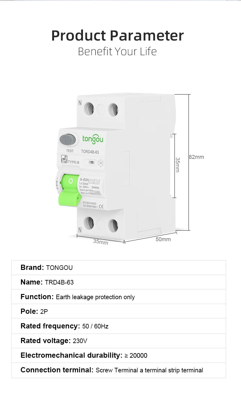 RCD RCCB Type B Earth Leakage Residual Current Circuit Breaker Evse 2P 4P AC 40a 63a 30ma 100ma 300ma 10KA Din Rail 230V TONGOU
