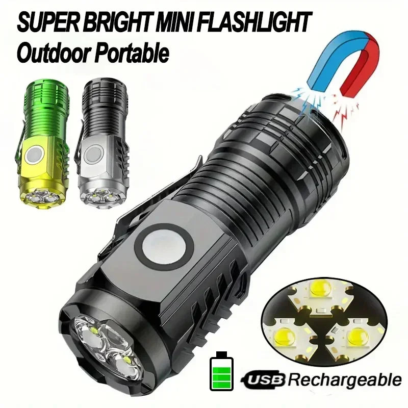 Powerful 3 Led Flashlight Mini Torch with Pocket Clip USB Rechargeable 5 Modes Flashlight Tail Magnet for Outdoor Camping Hiking