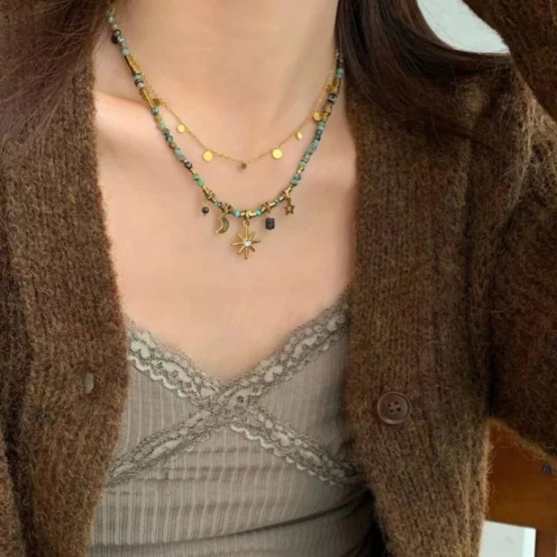 2Pcs/Set Elegant Beaded Necklace Vintage Sun Star Moon Pendant Necklace for Women Fashion Party Jewelry Gift