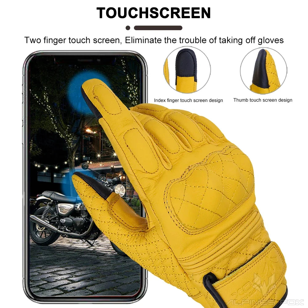 Vintage Leather Motorcycle Gloves Men Women Wear-resistant Motobike Guantes Touchscreen Anti-slip Retro Motobiker Luvas Yellow