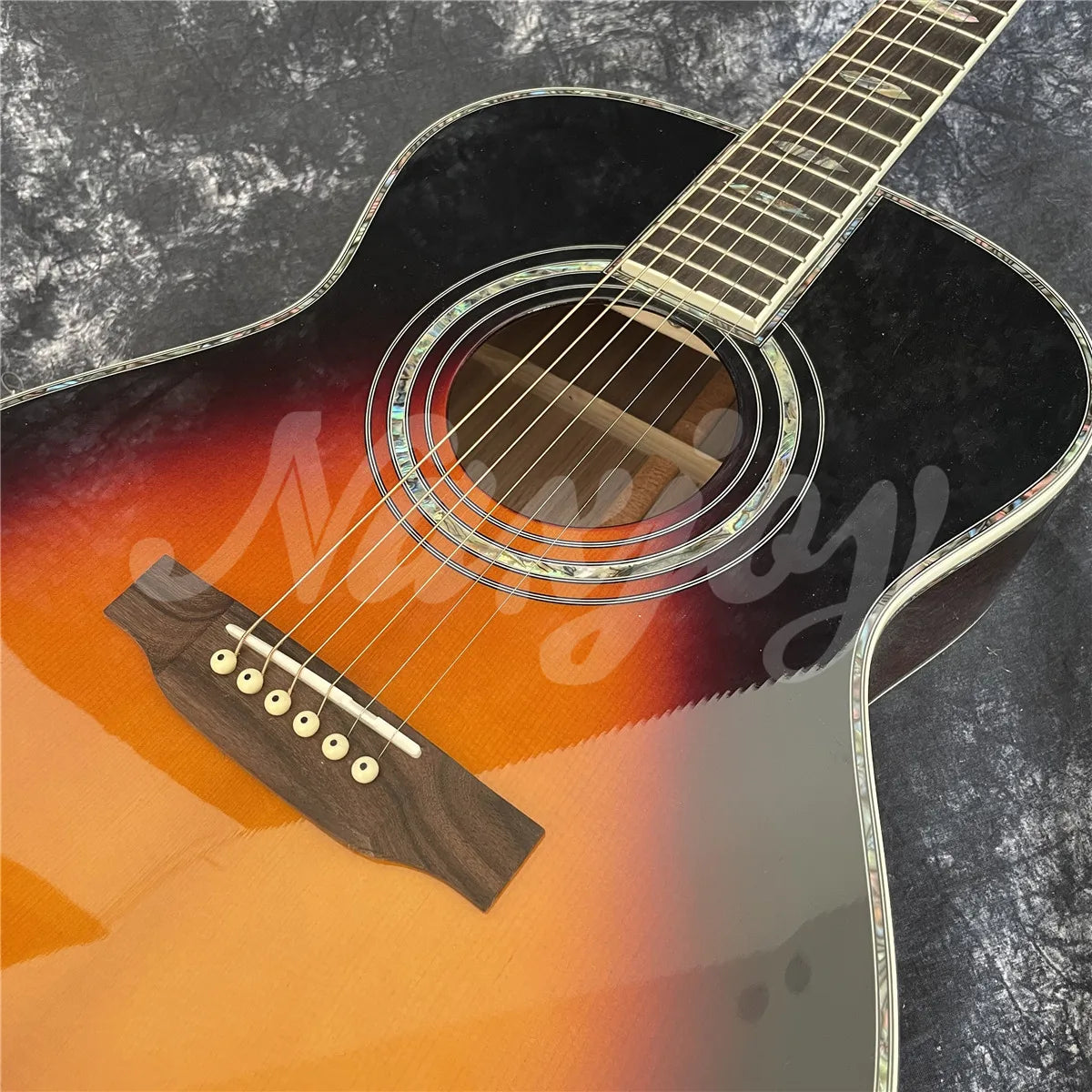 Sunburst Solid Spruce Acoustic Guitar 40 Inches OM Type 45 Model Rosewood Body Abalone Inlays Ebony Fingerboard