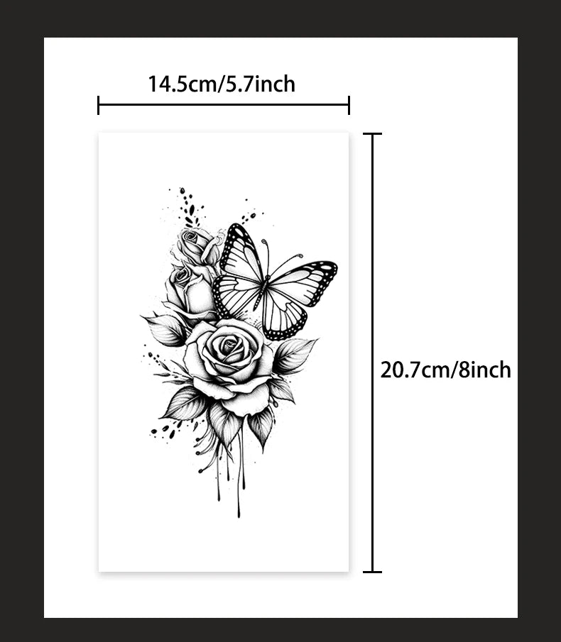 Butterfly and Rose Waterproof Temporary Tattoo for Arm and Leg, Long-Lasting, Realistic Fake Tattoo for Men and Women