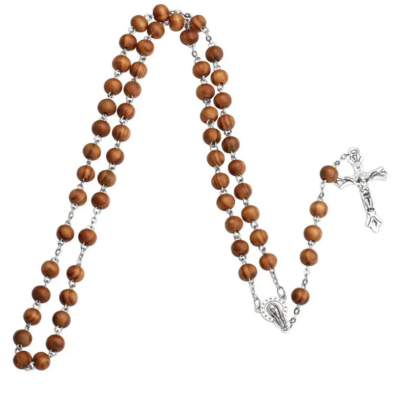 8MM Wood Rosary Beads Necklace For Women Men Catholic Jesus Christ On INRI Cross Crucifix Pendant Long Chain Religious Jewelry