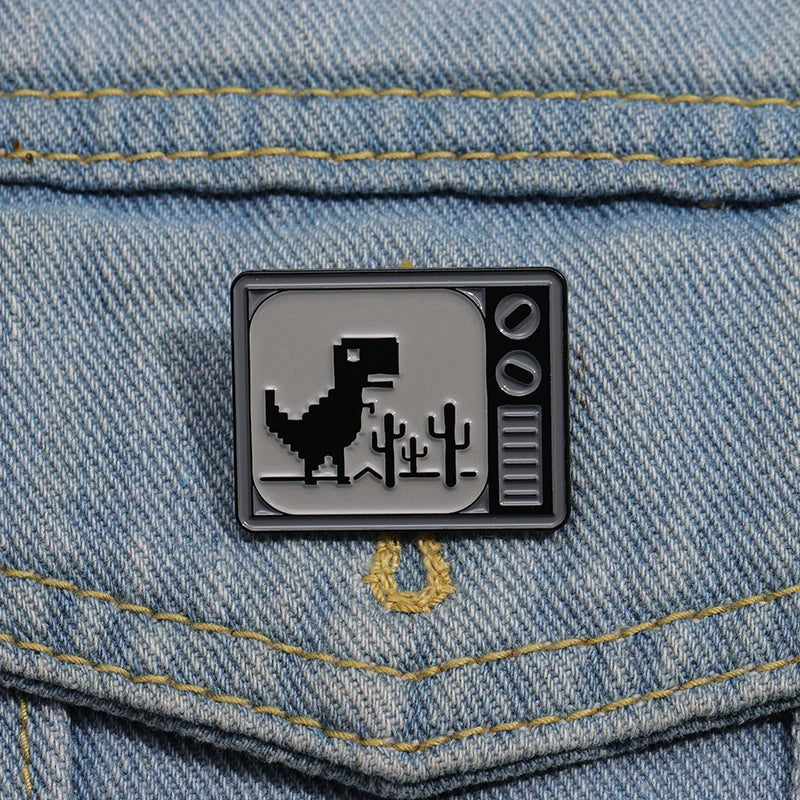 Dinosaur Pixel Games Mosaic Enamel Pins Custom 90's Retro TV Brooches Lapel Badges Cartoon Animal Jewelry Gift For Kids Friends