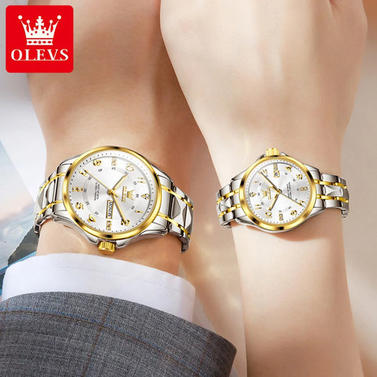 OLEVS 2910 Luxury Men Women Couple Watch Dual Calendar Display Waterproof Stainless Steel Clock Gold Diamond Couple Quartz Watch