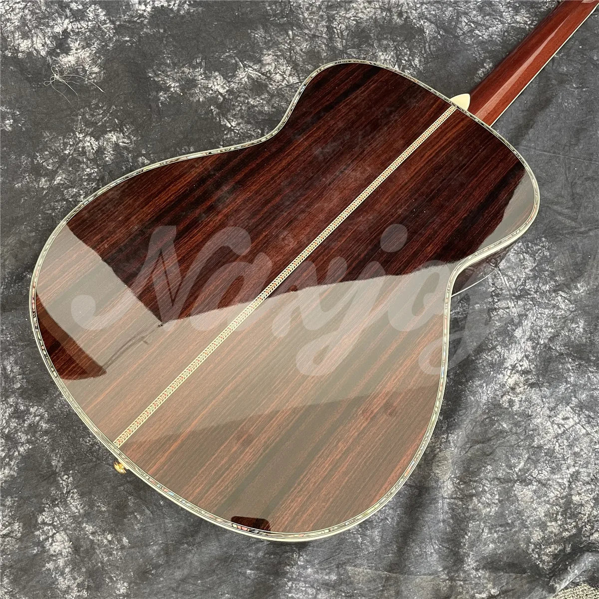 Sunburst Solid Spruce Acoustic Guitar 40 Inches OM Type 45 Model Rosewood Body Abalone Inlays Ebony Fingerboard