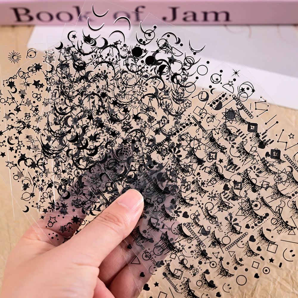 12Pcs Gold/Silver Tasse/Line/Star/Moon 3D Nail Art Stickers Leaf/Geometric Design Self-adhesive Sliders Luxury Manicure Decals