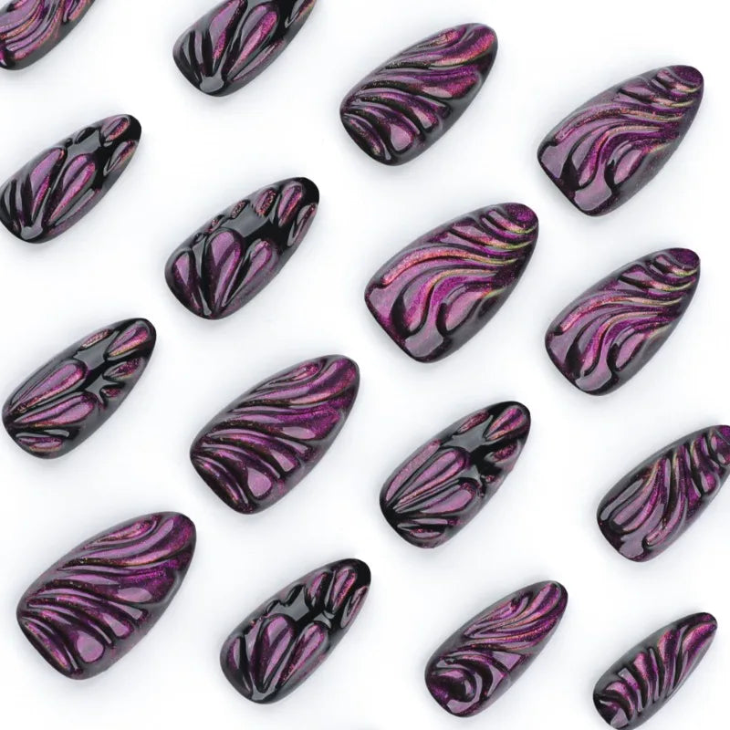 24PCS Droplet Mysterious Purple Cat Eye Press On Nail Full Cover Detachable Press On Nail Spice Girl Wearable Almond False Nail