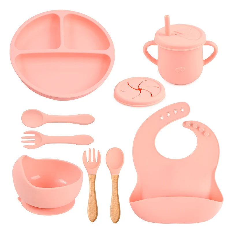 Mother Kids Baby Silicone Feeding Set Sucker Plate Antislip Bowl Spoon Cup Children Tableware Safe Non Toxic Dishwasher Safe