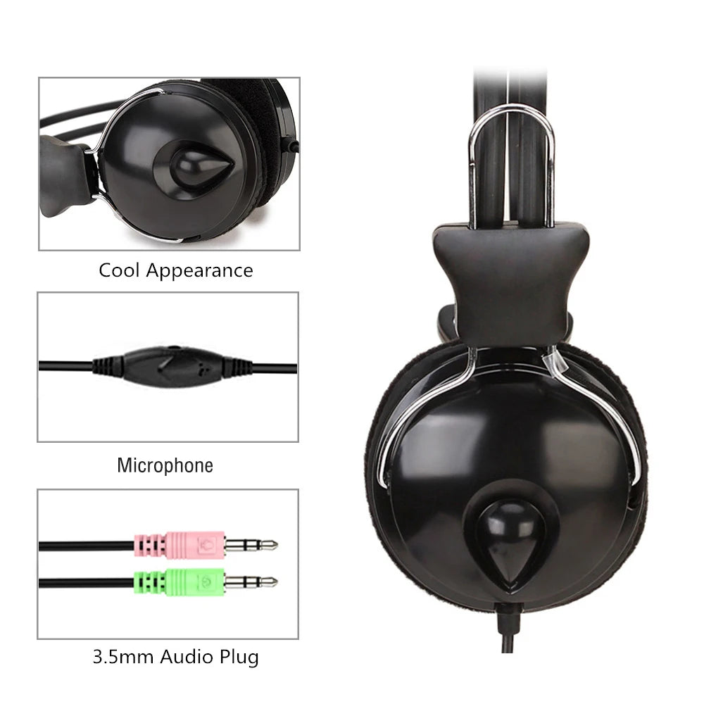 3.5mm Wired HD Sound Headphones Over Ear Headset Bass HiFi Music Stereo Microphone Earphones Adjustable Headset For PC MP3 Phone