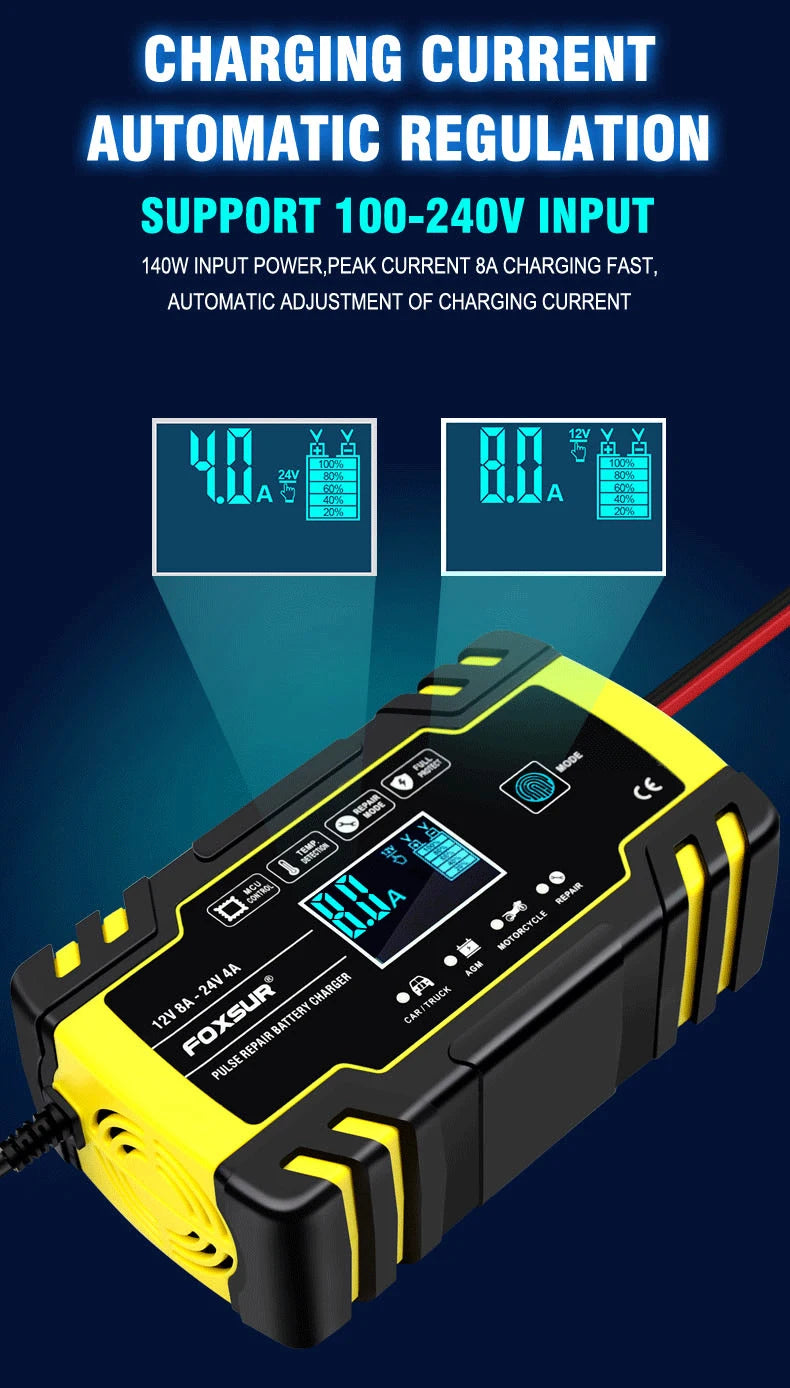 FOXSUR 12V/24V 8A Smart Battery Charger Automatic Start Fast Charger Use For Car Motorcycle Truck Deepcycle Wet Dry Lead Acid