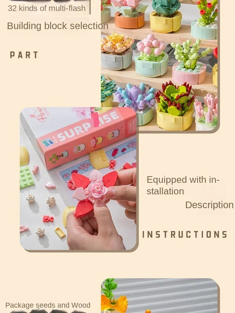 Succulent Flower Plant Potted Building Blocks Cute Flower Ornament Assembling Toys Assembling Toys Birthday Gift