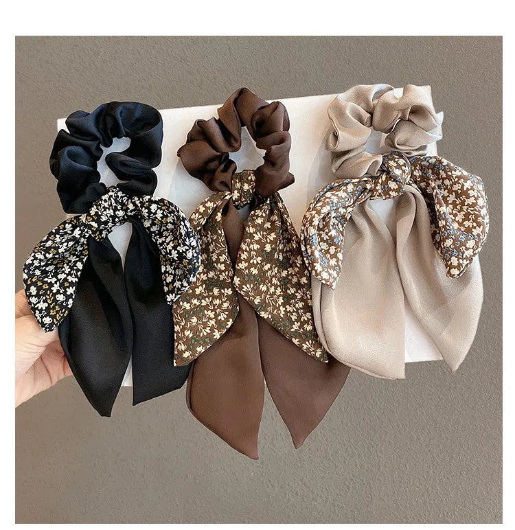 Ponytail Ribbon Bow New Women Scrunchies Knotted Bowknot Hair Ties Floral Print Sweet Elastic HairBand Hairs Accessories