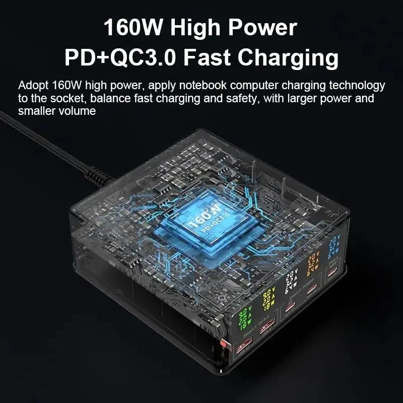 160W 5Port USB Charger Staion Hub With 15W Wireless Charger LCD Display USB-C QC3.0 PD 65W Quick Charger For iPhone 14 13 Xiaomi