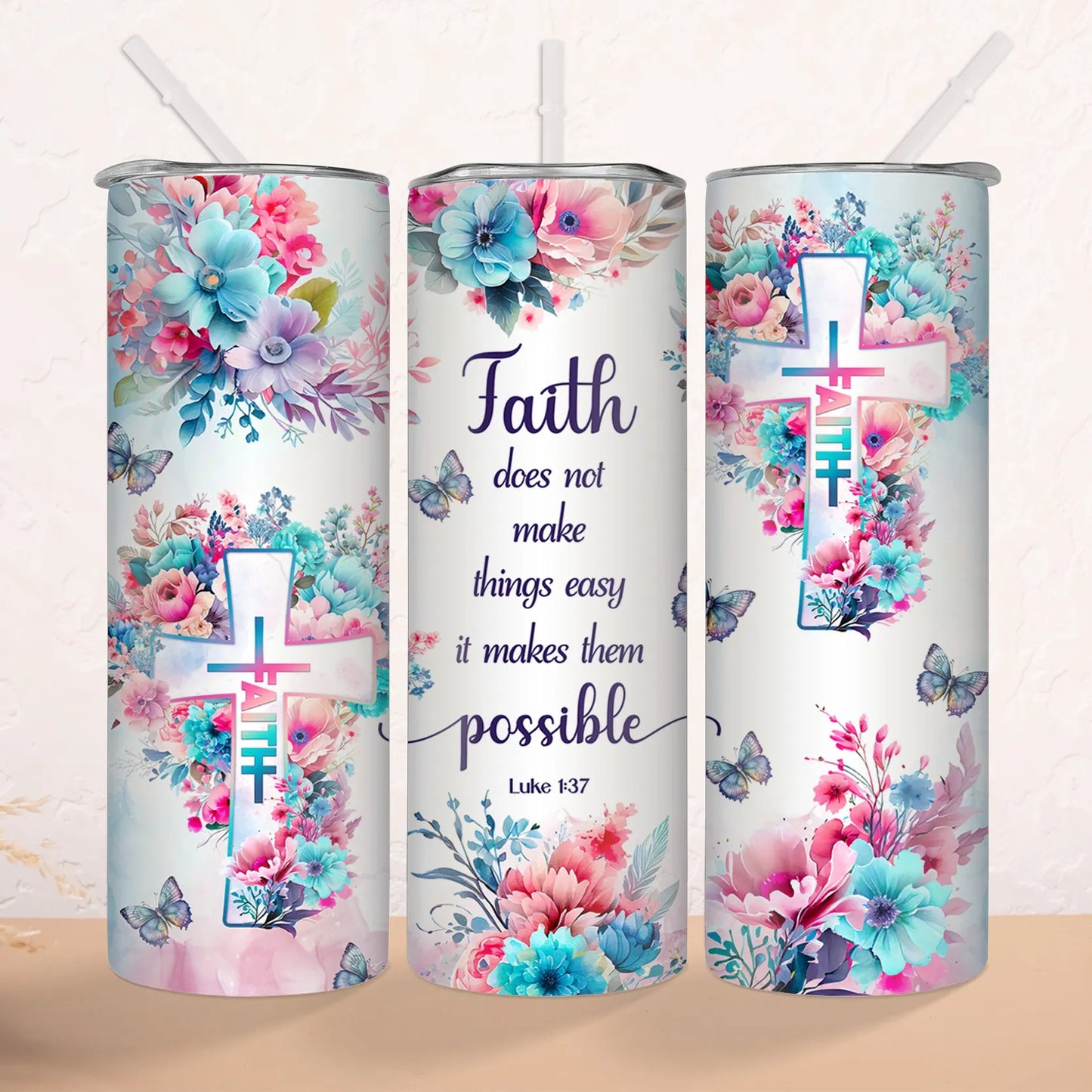 1pc Faith Does Not Make Things Easy It Makes Them Possible Tumbler With Straw 20oz Stainless Steel Christian Water Bottle