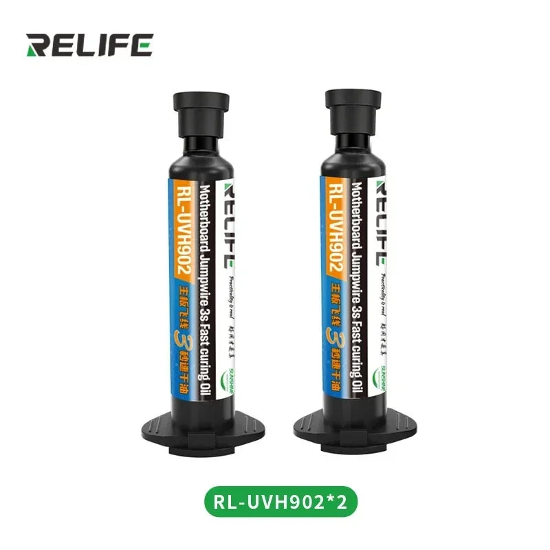 2PCS RELIFE RL-UVH902 10ML UV 3S Quick-drying Solder Mask Ink for Mobile Phone Repair Jumping Wire + RL-014 UV curing light tool