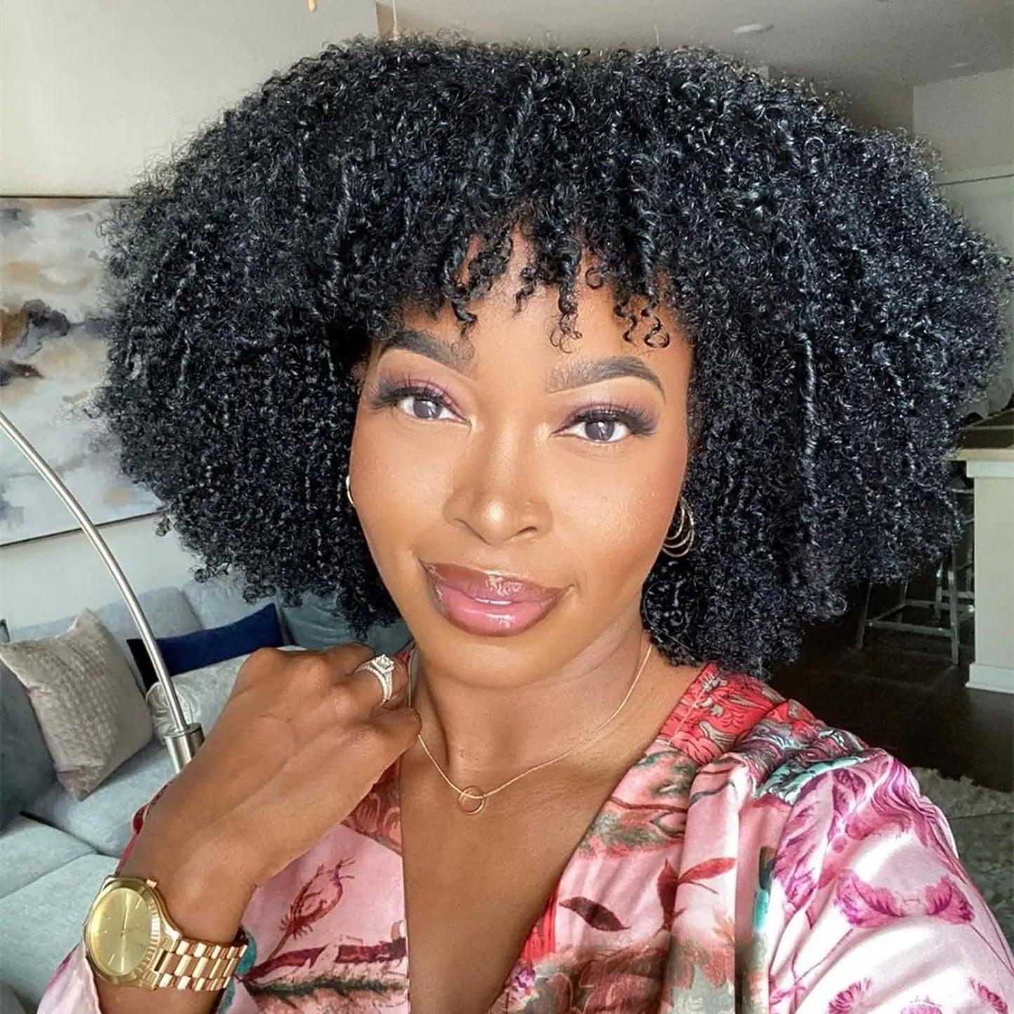 Afro Kinky Curly Human Hair Wigs with Bangs 10-16 Inches Natural Color Glueless Curly Fringe Wig Remy Brazilian Hair for Women