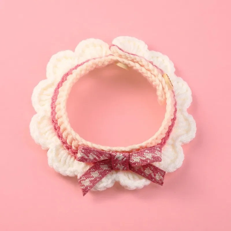 Cute Bow-knot Hand-knitted Saliva Towel  Kitten Cat Puppy  Adjustable Collar Pet Decorative Dog Cat Collar Pet dog Accessories