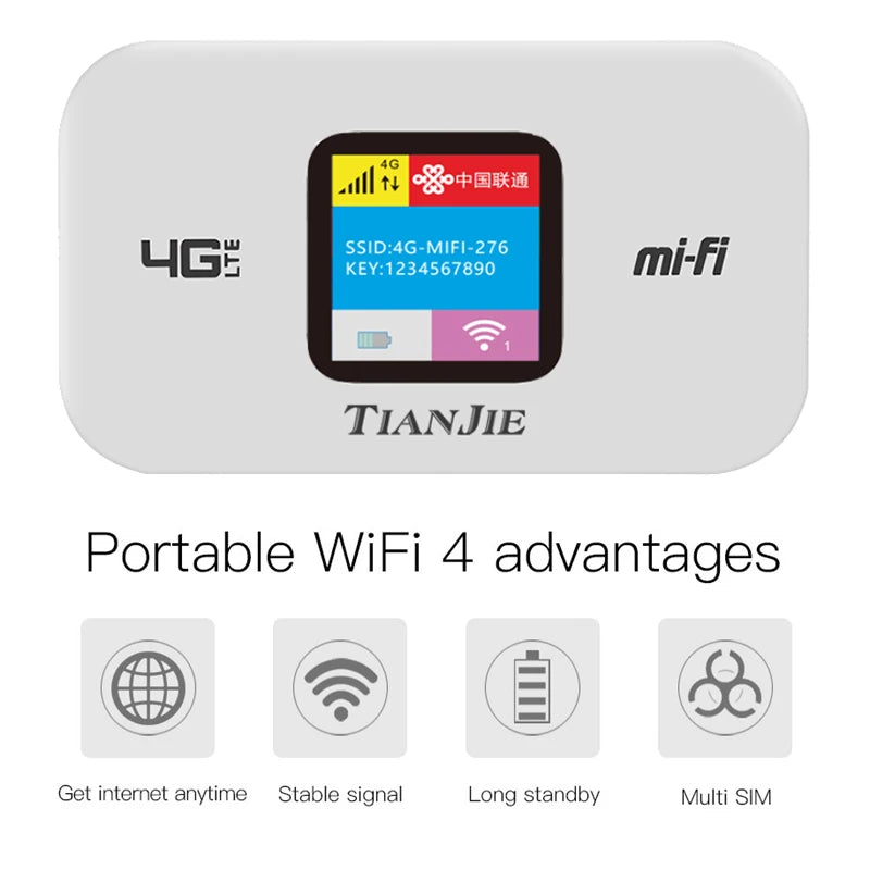 TIANJIE 150Mbps 4G Wifi Router Sim Card Wireless Modem FDD/TDD Pocket Network Adapter Mobile Car WI-FI Mesh With 2100MAh Battery