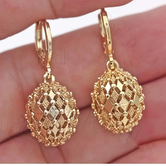 Vintage Metal Hand Engraved Pattern Hoop Earrings Classic Women's Gold Plated Hook Drop Earrings