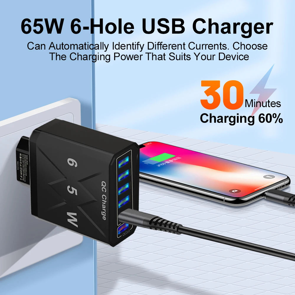 6 Ports USB Charger 65W Fast Charging QC3.0 Travel Charger For iPhone 15 14 Samsung Xiaomi Mobile Phone Adapter EU KR US UK Plug