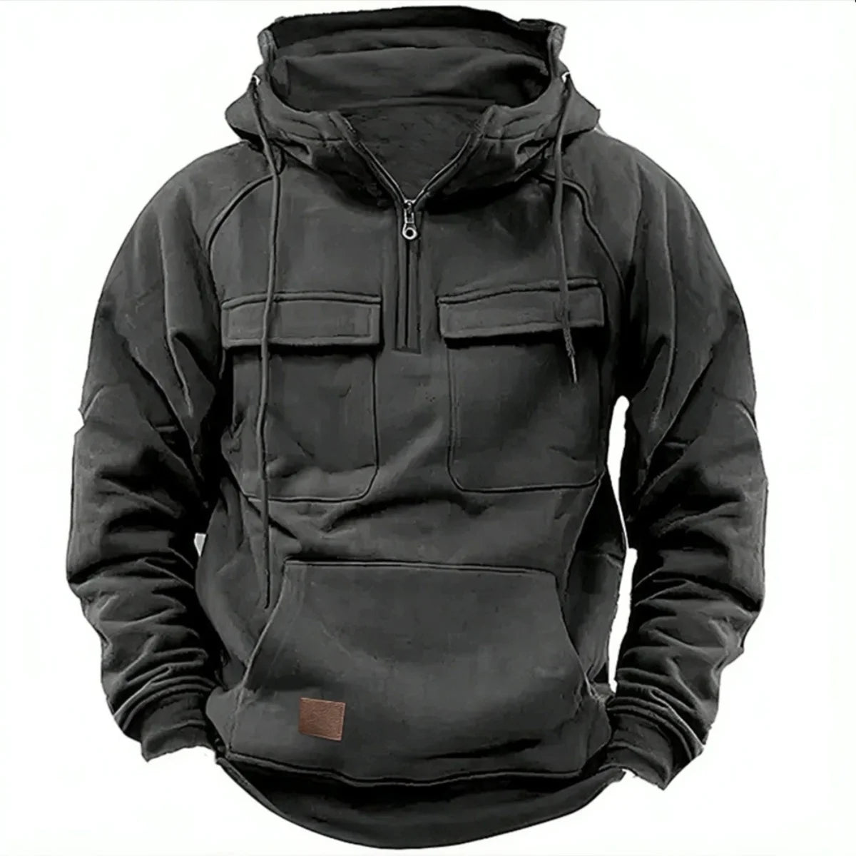 Fashionable Youth Men's Hoodie Solid Color Casual Autumn/Winter Pullover with Multi Pockets Patch Design