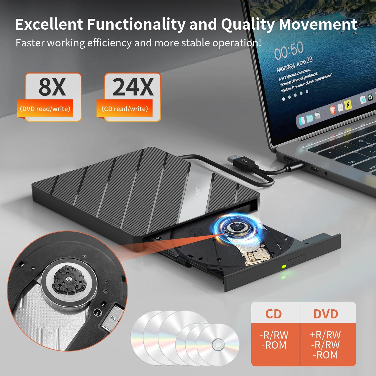 T040A USB 3.0 External Mobile Drive DVD CD Burner with Hub 24X CD & 8X DVD Writer SD microSD Card Reader for Windows Mac Linux
