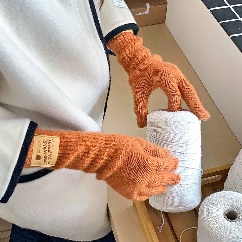 Cycling Five Finger Knitted Yarn Gloves Full Finger Long Wrist Gloves Thick Elastic Winter Connected Finger Glove Autumn Winter