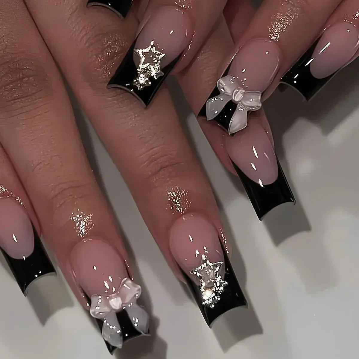 24Pcs Full Cover False Nails with Glue Long Square Coffin Fake Nails French Detachable Ballet Love Pattern Design Press on Nails