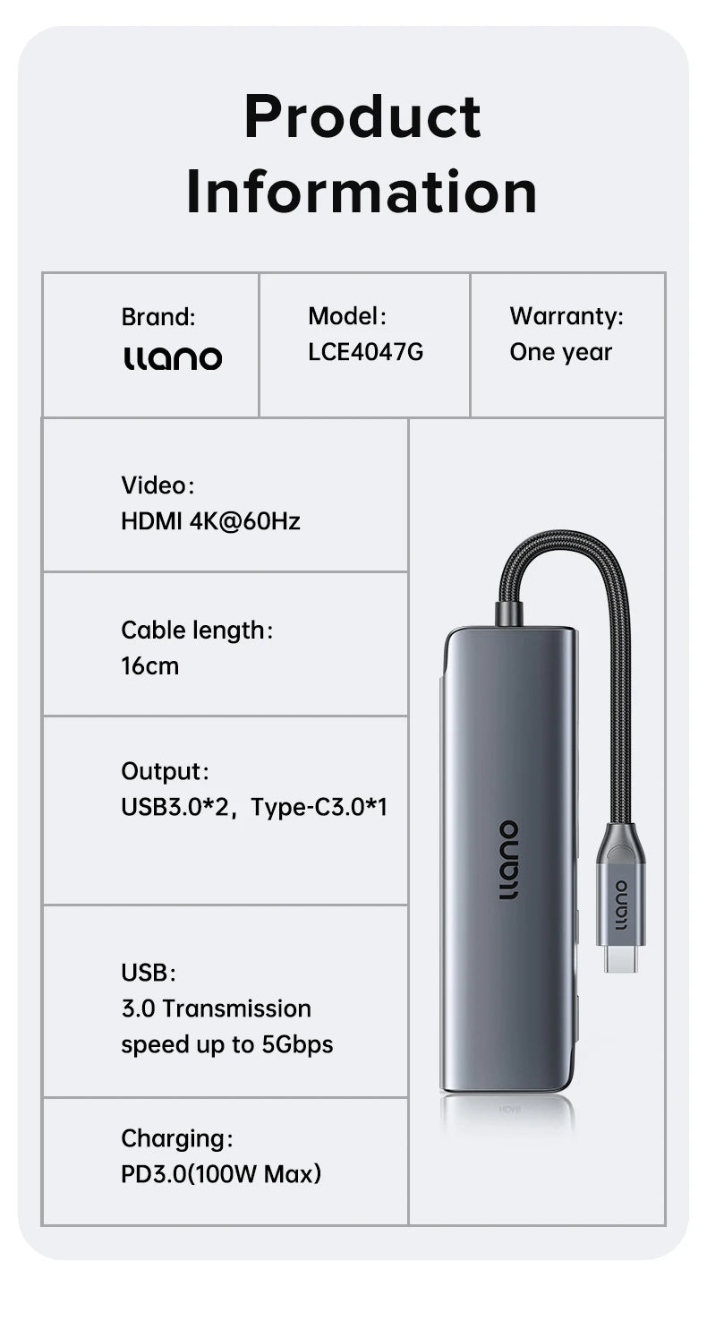 Llano 7 in 1 USB C Hub Multiport Adapter, 4K/60Hz HDMI 2.0, 100W PD, USB-A 5Gbps & USB-C 480Mbps Data Ports, SD/TF Card Reader