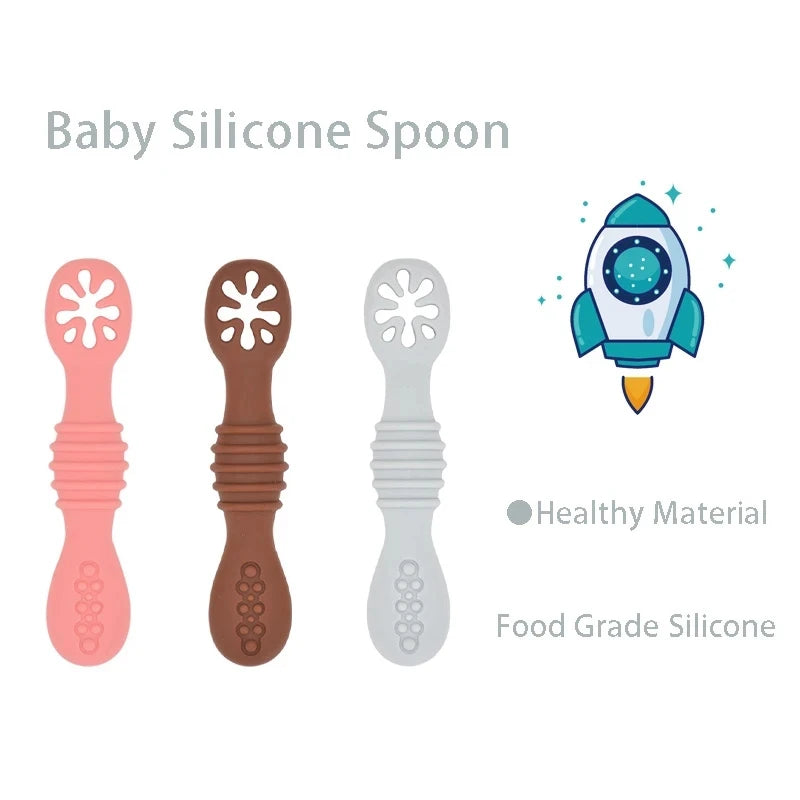 2PCS Cute Baby Learning Spoons Utensils Set Food Grade Silicone Sticky Spoon Children Cutlery Training Spoon Feeding Tableware