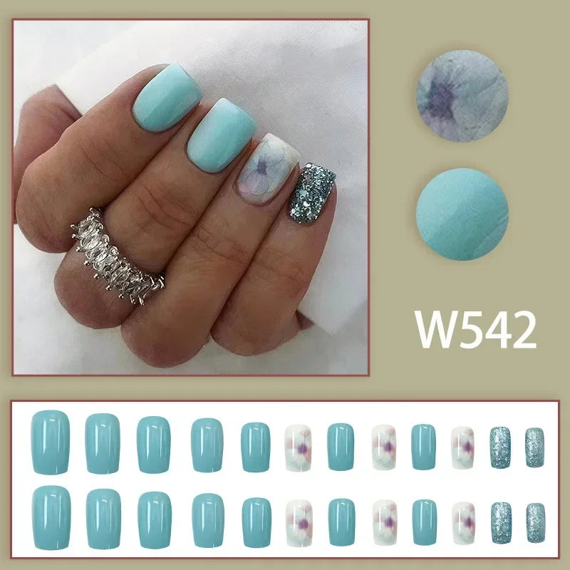 Black Ink Style Fake Nail with Jelly sticker Press on False Nails Wearable Round Head Oval Full Cover Nail Tips