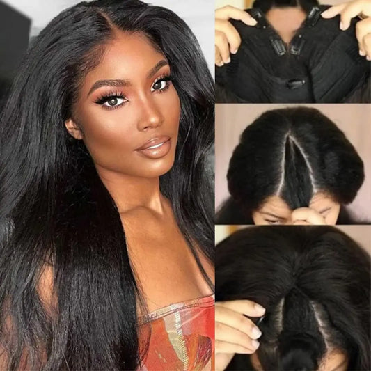 V Part Wig Kinky Straight Human Hair Wigs For Women Brazilian Hair Glueless 10-28 Inches Yaki Straight Upgrade Wig Natural Color